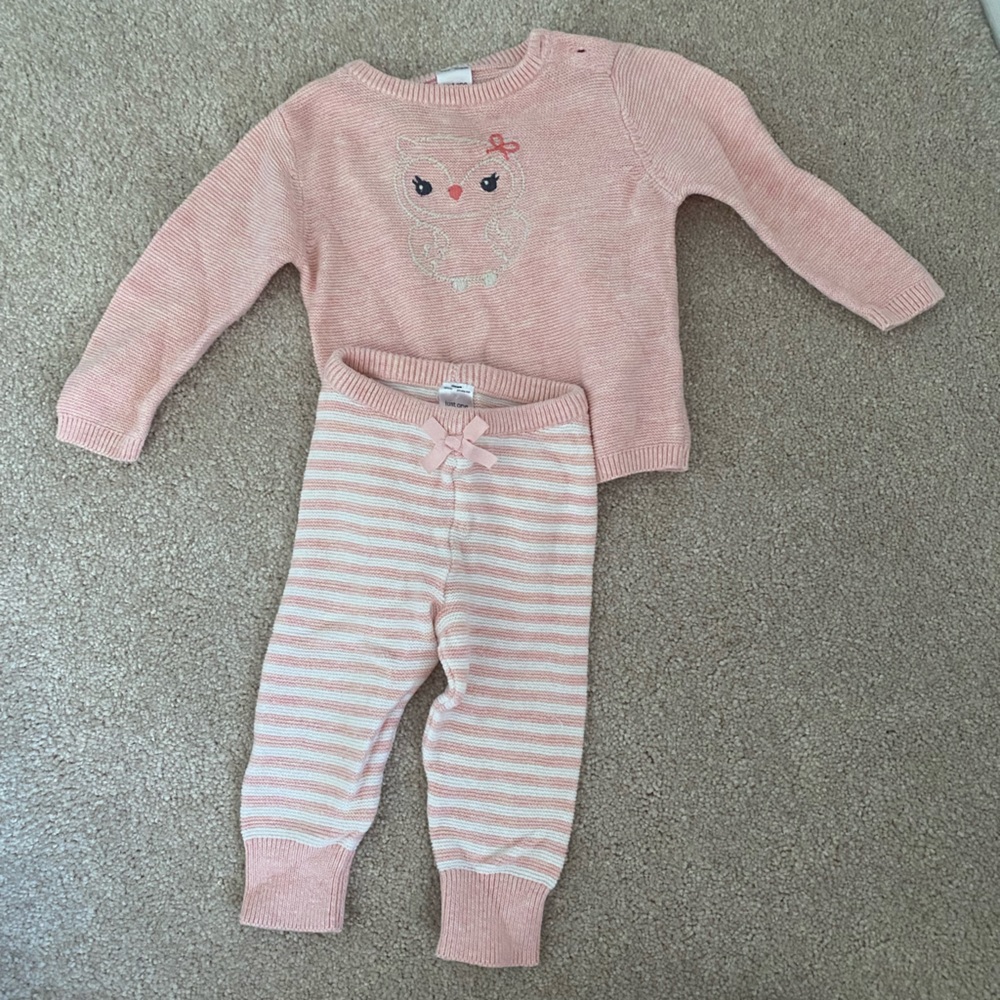 Carters baby pink knit set with owl sweater and striped pants. Size 6 months.